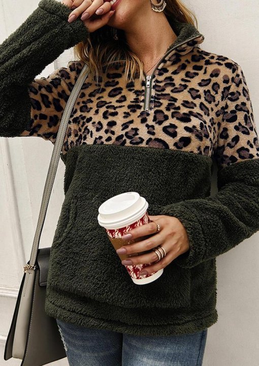 Leopard Splicing Plush Warm Sweatshirt - Army Green