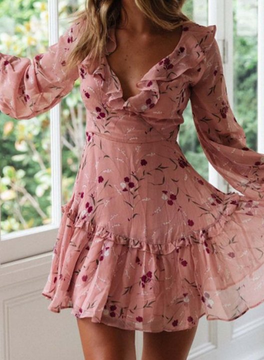 Women's Mini Dresses Criss Cross Ruffle Open-back Knot Fit & Flare Floral Long Sleeve V Neck Daily Casual Mini Dress