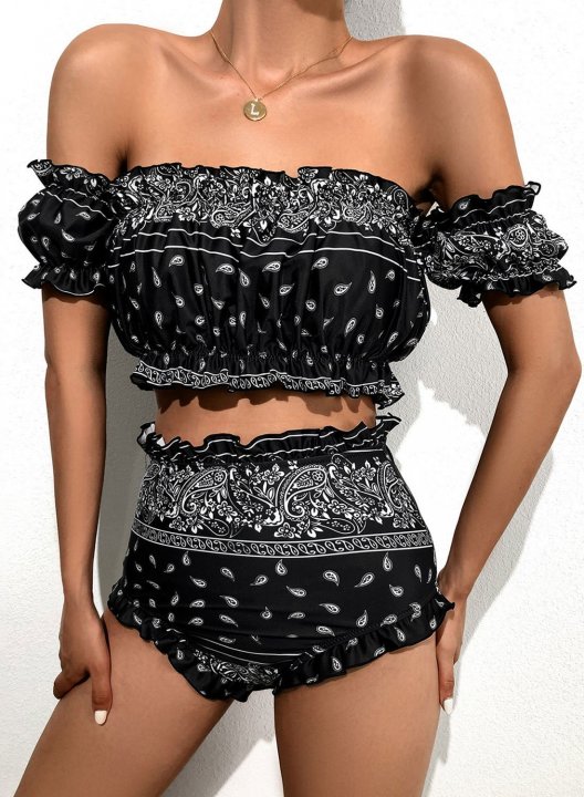 Women's Bikinis Color Block Tribal High Waist Short Sleeve Off Shoulder Padded Adjustable Wire-free Knot Beach Bikini Suit