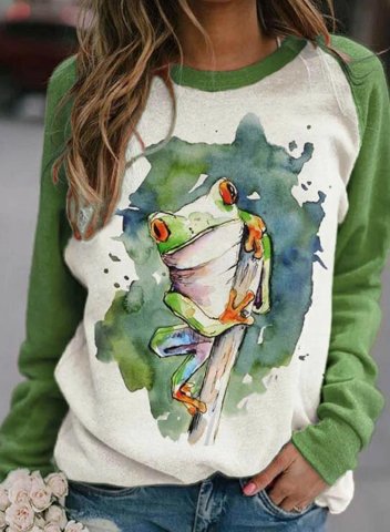 Women's Sweatshirts Round Neck Long Sleeve Frog Print Sweatshirts