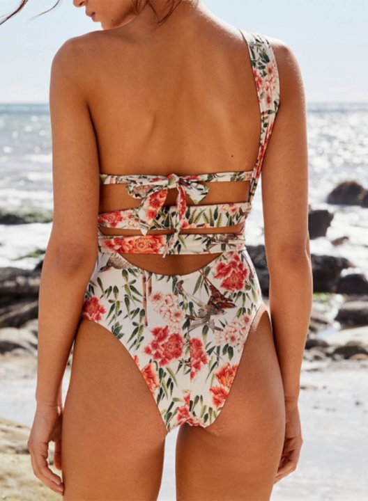 Women's One Piece Swimwear Floral One Shoulder Vacation Casual One-Piece Swimsuits One-Piece Bathing Suits