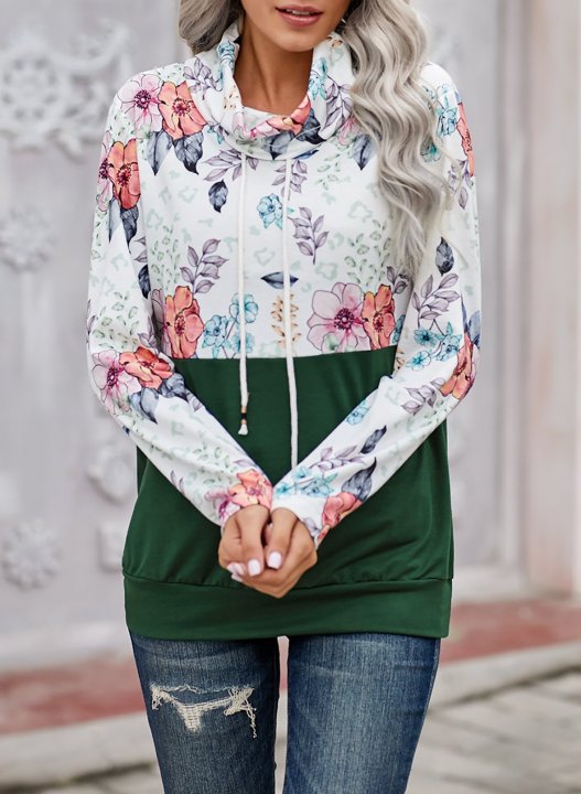 Color Block Long Sleeve High Neck Floral Sweatshirt