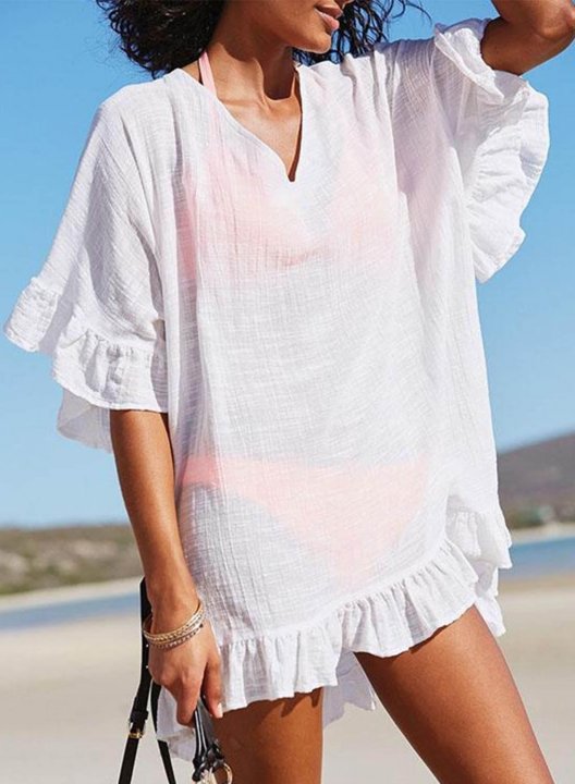 Women's Mini Dresses Solid Short Sleeve Shift V Neck Beach Ruffle Dress