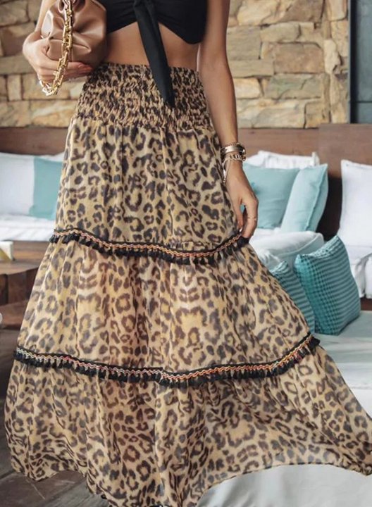 Women's Skirts High Waist Leopard Flare Fringe Summer Casual Date Vacation Maxi Maxi Skirts