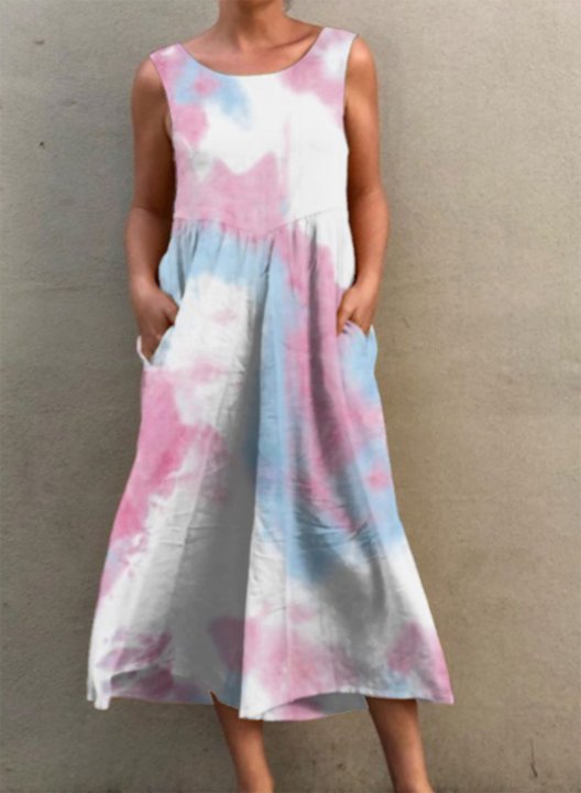 Women's Midi Dresses Floral Tiedye Multicolor Sleeveless Round Neck Daily Midi Dress