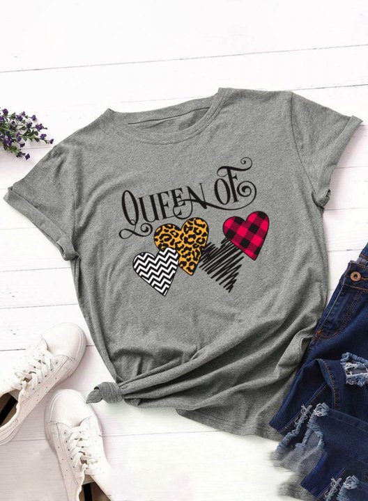 Women's T-shirts Leopard Plaid Letter Heart-shaped Short Sleeve Round Neck Daily T-shirt