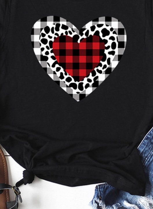 Women's T-Shirt Casual Plaid Leopard Heart-shaped Solid Round Neck Short Sleeve Daily T-shirts