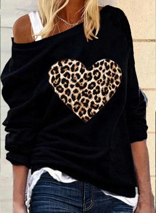 Women's Heart Sweatshirt One Shoulder Leopard Heart-shaped Round Neck Long Sleeve Casual Pullovers