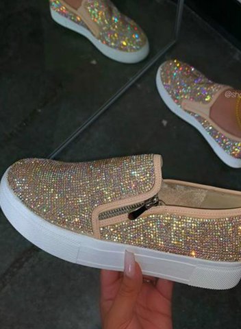 Women Rhinestone Slip on Zipper Canvas Shoes