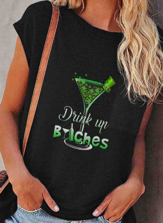 Women's St Patrick's Day T-shirts Shamrock Drink up Bitches Print Short Sleeve Round Neck Daily T-shirt