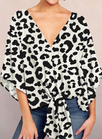 Women's Blouses Leopard Half Sleeve V Neck Knot Vintage Blouse