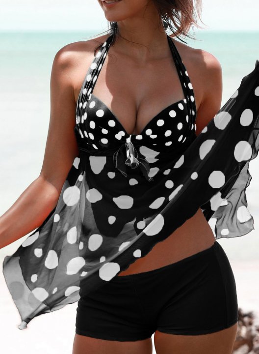 Women's Tankinis High Waist Padded Knot Polka Dot V Neck Tankini Set