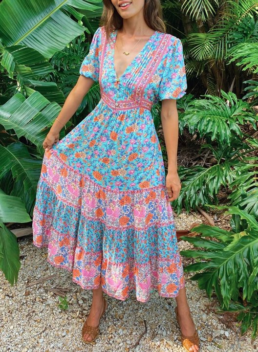 Women's Midi Dresses Button Fit & Flare Floral Short Sleeve V Neck Vacation Boho Midi Dress