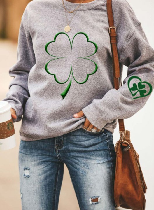 Women's St.Patrick's Day Sweatshirt Clover Print Heart-shaped Long Sleeve Round Neck Casual Sweatshirt