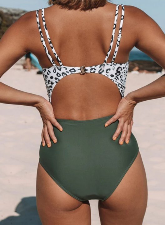 Women's One Piece Swimwear Leopard Cut Out Open Back Knot Front One-Piece Swimsuits One-Piece Bathing Suits