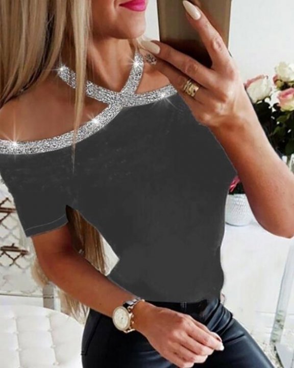 Rhinestone Details Halterneck Short Sleeve Blouse