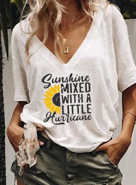 Women's T-shirts Floral Letter Print Short Sleeve V Neck Daily T-shirt