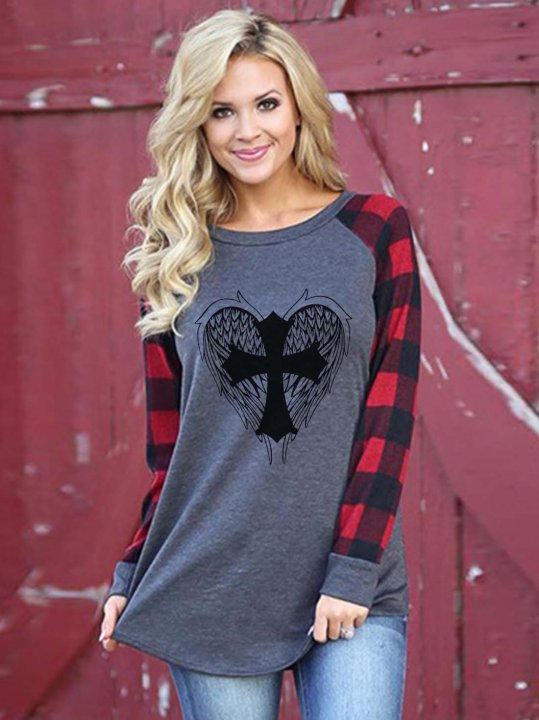 Women's Cross Angel Wings Check Print Top