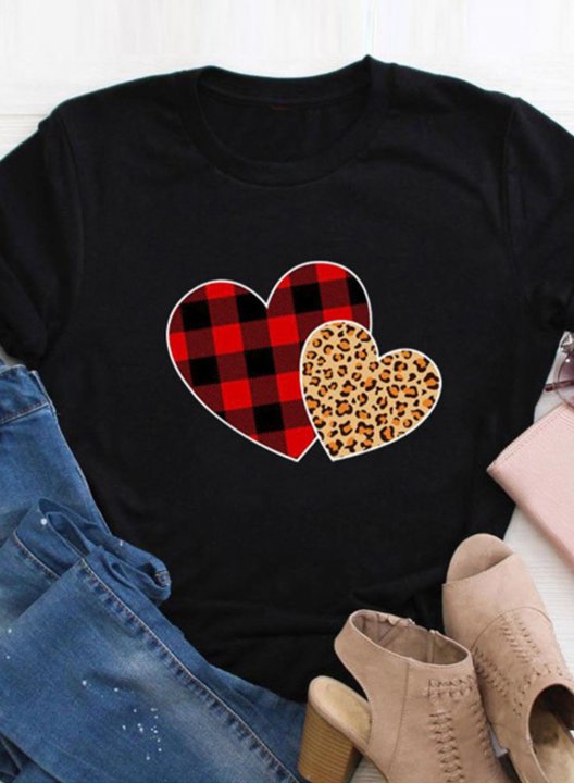 Women's Leopard Plaid Heart T-shirts Short Sleeve Round Neck Casual T-shirt