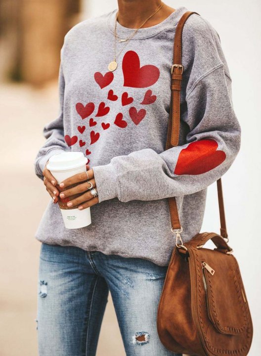 Women's Sweatshirts Heart-shaped Print Long Sleeve Round Neck Casual Sweatshirt