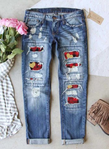 Women's Jeans Plaid Heart-shaped Print Slim High Waist Ankle-length Pocket Ripped Jeans
