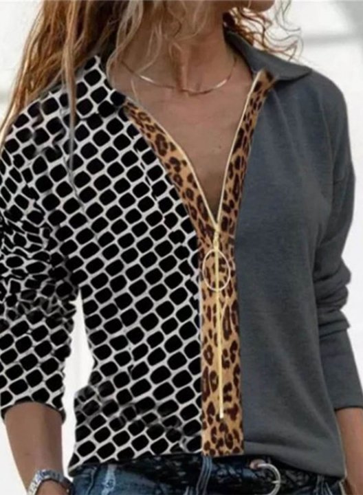 Women's Shirts Geometric Leopard Turn Down Collar Zip Long Sleeve Daily Casual Shirts