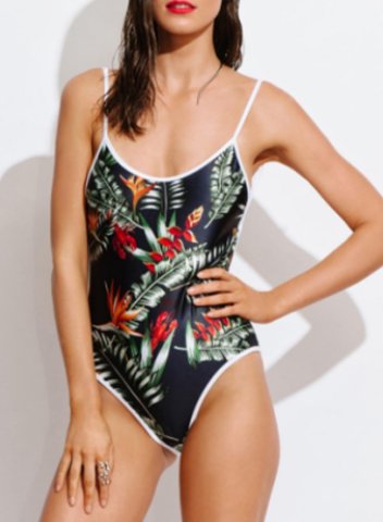 Women's One Piece Swimwear Tropical Color Block Spaghetti Casual One-Piece Swimsuit