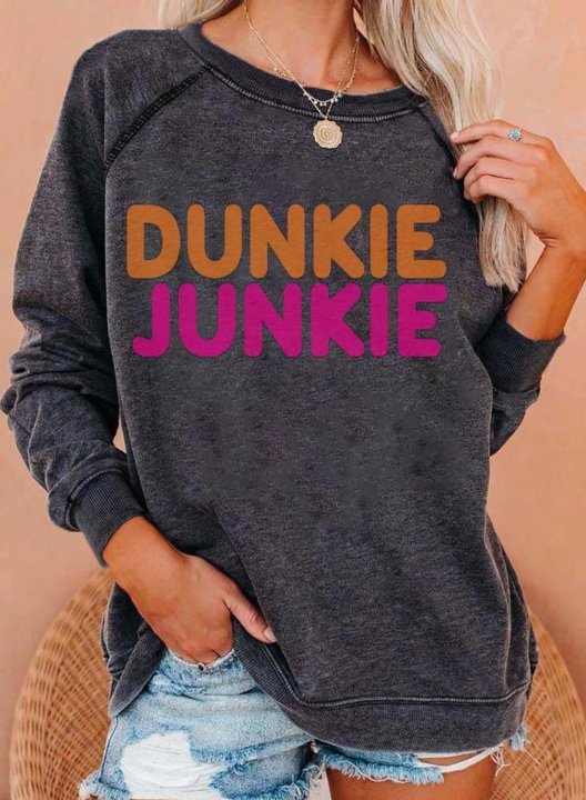Women's Sweatshirts Dunkie Junkie Letter Color-block Print Long Sleeve Crew Neck Sweatshirt