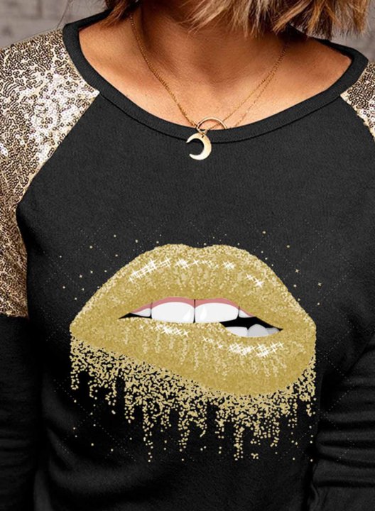 Women's T-shirts Color Block Lip Print Sequin Long Sleeve Round Neck Daily T-shirt