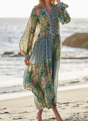 Women's Maxi Dresses Floral Multicolor Flare Boho Long Sleeve Dress