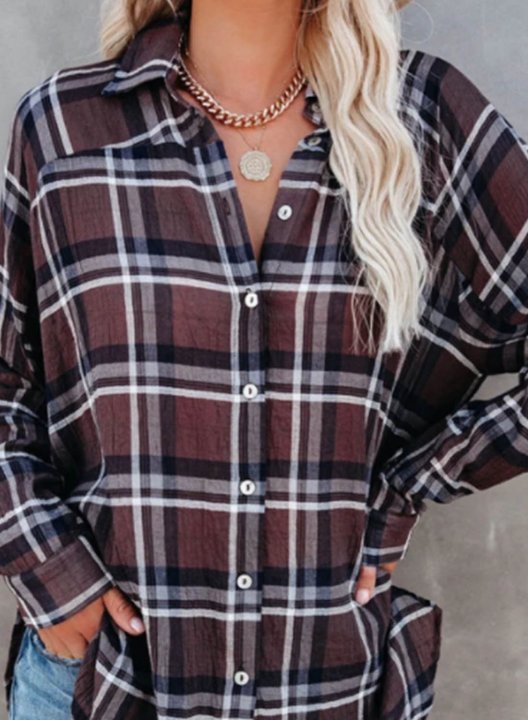 Women's Shirts Plaid Color Block Long Sleeve Turn Down Collar Casual Shirts