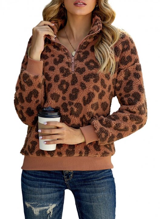 Leopard Long Sleeve High Neck Zip Sweatshirt