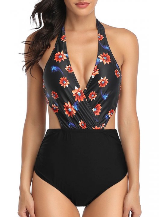 Women's One Piece Swimwear Fruits & Plants V Neck Knot Boho One-Piece Swimsuits One-Piece Bathing Suits