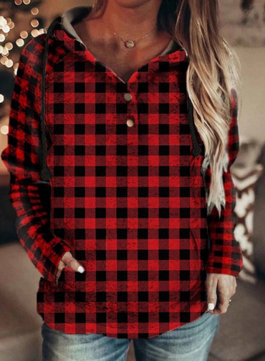 Women's Hoodies Plaid Drawstring Button Long Sleeve Color Block Pocket Hoodies