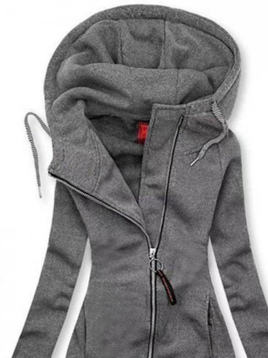 Gray Zipper Solid Hoodie Long Sleeve Outerwear