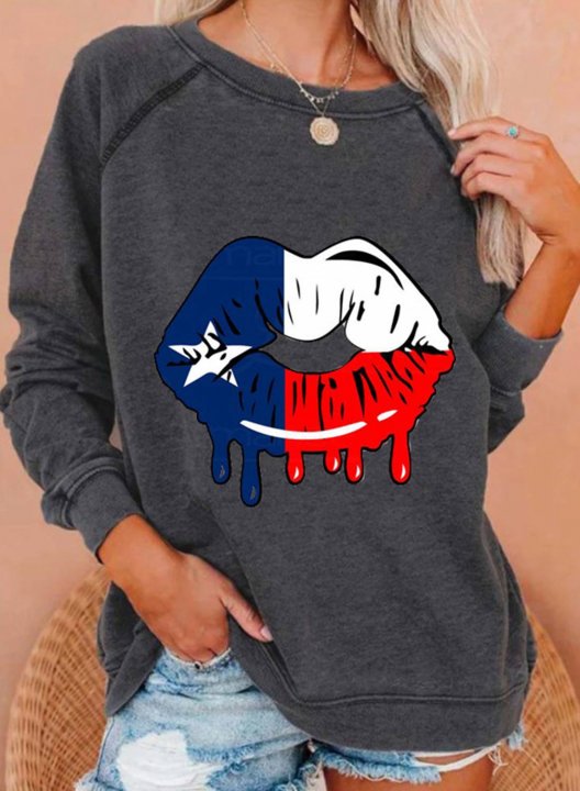 Women's Sweatshirts Color Block Texas Flag Lip Print Texas Independence Day Festival Sweatshirt