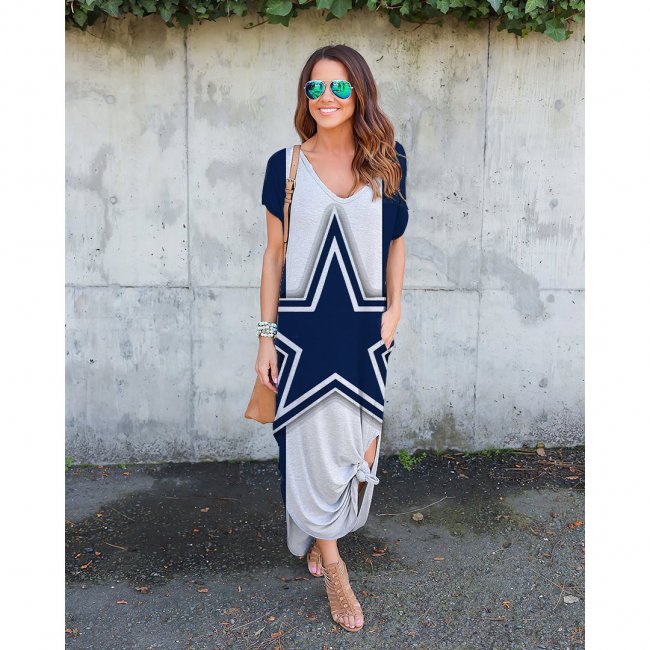 V-neck Cowboys Print Short-Sleeved Loose Long Dress