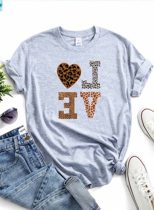 Women's T-shirts Solid Leopard Letter Short Sleeve Round Neck Daily T-shirt