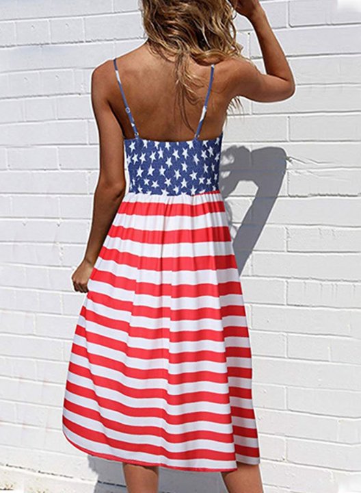 Women's American Flag Midi Dress Striped Button Strappy Casual Beach Midi Dress