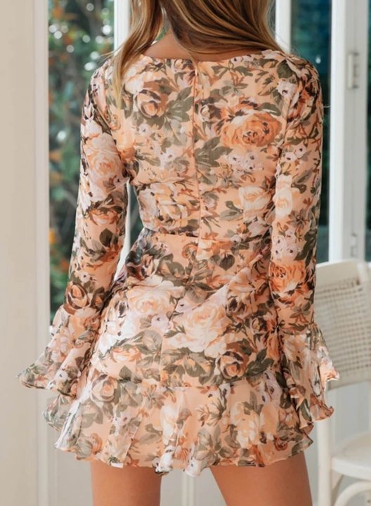 Women's Dress Floral Ruffle Bodycon Round Neck Long Sleeve Spring Elegant Date Mini Dress