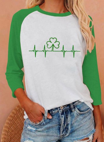 Women's Clover Print Color-block Saint Patrick's Day Shirt Long Sleeve Round Neck Casual T-shirt