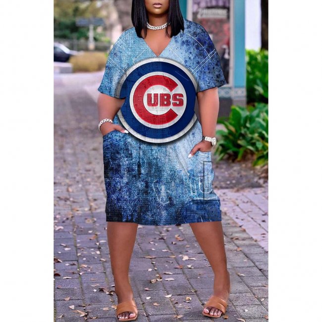 Women's Chicago Cubs Printed V-neck Casual Pocket Dress