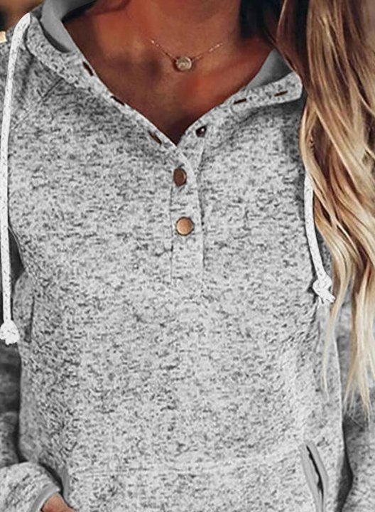 Solid V Neck Button Long Sleeve Hoodie