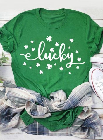 Women's St.Patrick's Day T-shirts Shamrock Letter Lucky Print Short Sleeve Round Neck Daily T-shirt