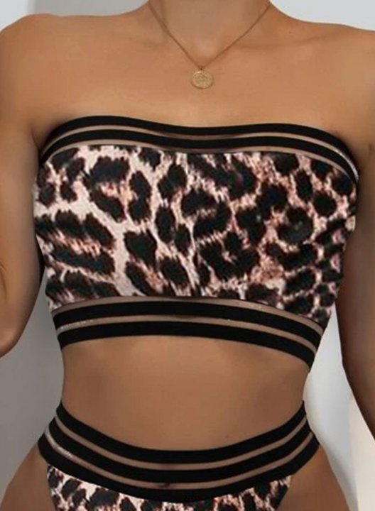 Women's Bikinis High Waist Leopard Padded Mesh Off Shoulder Sleeveless Unadjustable Wire-free Casual Beach Bikinis