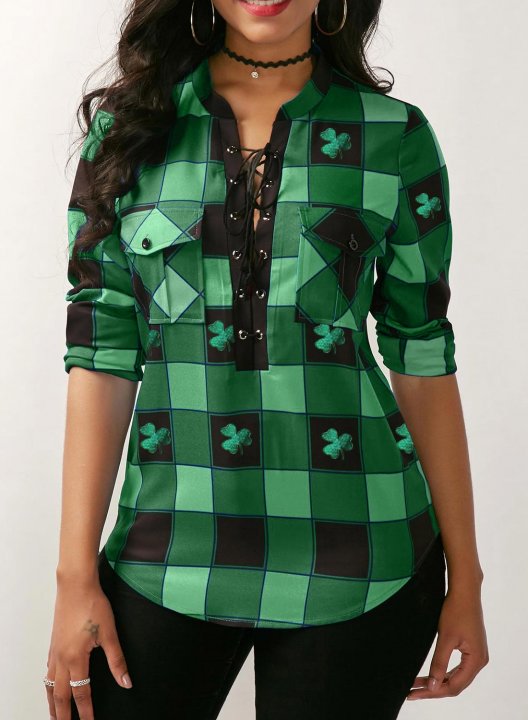 Women's Blouses Plaid Color Block St Patrick's Day Shamrock Long Sleeve V Neck Knot Daily Blouse