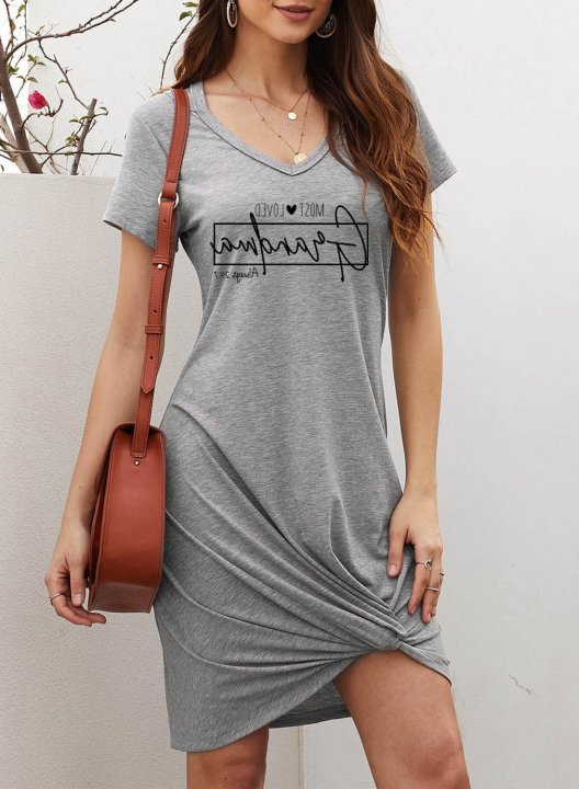 Women's Mini Dresses Fashion Letter V Neck Short Sleeve A-line Casual Dress