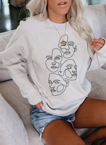 Women's Sweatshirt Casual Solid Abstract Face Print Round Neck Long Sleeve Daily Pullovers