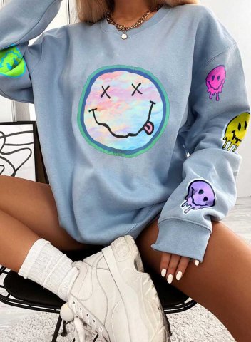 Women's Smiling Face Sweatshirts Loose Color Block Smiley Long Sleeve Round Neck Casual Sweatshirt