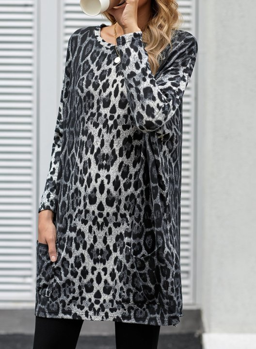 Leopard Round Neck Long Sleeve Tunic Sweatshirt